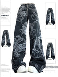 Uniwim Women Black Gothic Dragon Print Jeans Baggy Vintage Aesthetic Cowboy Pants Harajuku Denim Trousers Y2k Trashy 2000s Clothes 2024