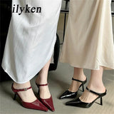 Uniwim Sexy Buckle Strap Mules Woman Pumps Slippers Elegant Shallow Pointed Toe Banquet Thin High Heels Female Shoes