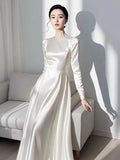 Uniwim 2024 Autumn Elegant Satin Women's Long Sleeve Dress Round Neck White French Midi Skirt Women's A-Line Evening dresses N1013-1