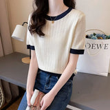 Uniwim Summer Korean Short Soft Knit Short Sleeved T-shirt Women's O-Neck Color Block Screw Thread Design Simple Versatile Sweater Top