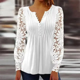 Lace Long Sleeve Pleated Blouse Women Sexy V Neck Hollow Out Button T Shirts Lady Spring Autumn Clothes Tops