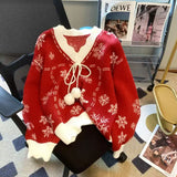 Uniwim Christmas Snowflake Sweater Women Jumper Bow V Neck Long Sleeve Knitted Sweater Winter Pullover Tops Korean Fashion Sweater New