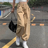 QWEEK Baggy Jogger Pants Women Khaki High Waist Japanese Vintage Cargo Pants Streetwear Fashion Loose Casual Drawstring Jeans