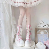 Uniwim Lolita Shoes Boots Woman Winter  Platform Heels Women's Mid Calf Booties Gothic Pink Kawaii Chain JK Cosplay Japanese Style