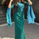 Uniwim Satin Solid Robe Dress Ladies Temperament O-neck Slim Evening Dress Elegant Batwing Sleeves High Waist Pleats Long Dress