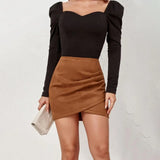 Uniwim Chic Mini Skirt Colorfast Bodycon Skirt Zipper Closure Office Lady Sexy Pleated Suede Pencil Short Skirt  Versatile