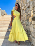 One Shoulder Ruffle Dress Hollow Out Bodycon  Women Sleeveless A-line Yellow Long Dress Fashion Beach Style Female Robe Summer