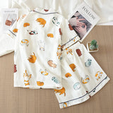 Uniwim Summer Ladies New Pajamas Two-piece 100% Cotton Gauze Thin Short-sleeved Shorts Cute Cat Cartoon Home Service Set Women