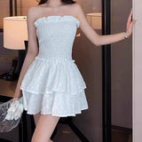 Uniwim White Lace Strapless Mini Dress Sweet Sexy Backless Girdle Waist Ruffle Casual Slim Dresses Party Vacation Short Dress