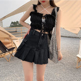 Uniwim Vintage Pleated Denim Skirt Women Black Sexy Y2K Mini Skirts Retro Gothic Casual Patchwork Streetwear A-line Jean Skirt