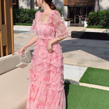 Uniwim 2024 New French Floral Pink Square Collar Slim Fairy Dress Aestethic Summer Party Beach Dress Elegant Long Dresses Woman Clothes