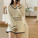 Uniwim Autumn New Korean Fashion Knitted Two-piece Shorts Set V-neck Pullover Crop Top Solid Shorts Casual Pants Suit Female Clothing