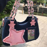 Uniwim Getadme Y2K Vintage Korean Fashion Shoulder Underarm Harajuku Star Tote Denim Bag Chain Ladies Bags Zip Purses Bagutte Handbags Women