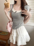 Uniwim Coquette Y2k Sexy Lace Cropped Knitted Top Women Sweet Girls  Slim Wrap Short Sleeve T-shirt 2024 Spring Summer