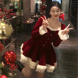 Uniwim Elegant Velvet Lace Ruffles Patchwork Short Dresses for Women Long Sleeve A-line Korean Fashion Christmas Birthday Party Dress