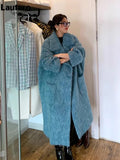 Uniwim Winter Long Blue Fluffy Oversized Warm Wool & blends Coat for Women Single Button Pockets Luxury Clothes Woolen Overcoat