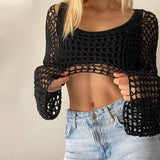 Uniwim Summer 2024 Sexy Long Sleeve Smock Knitted Crop Top Women Y2k Beach Backless Hollow Out T Shirts Party Casual Clothes