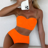 Uniwim 7 Colors High Waist Bikini Set Padded Hard Wrap Top With Chain Shoulder Straps Women 2024 Fluorescent Green/Black/Bright Orange