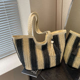 Uniwim Casual Stripes Straw Braid Shoulder Bags Tassel Zipper Large Capacity Grace Summer Tote Bags for Women 2024 Fashion Versatile