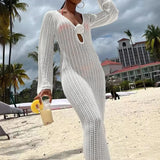 Uniwim Women Crochet Knit Beach Dress Bikini Cover Ups Flower Hollowed Tie-Up Backless Long Sleeve Maxi Dress for Beach