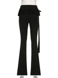 Uniwim Black Lace Up Ruffled Skirt Pants Low Waist Women Coquette Y2K Streetwear Wide Leg Trouser Fashion Flare Pants Harajuku