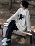 HOUZHOU Kawaii Y2K Grey Crewneck Sweatshirts Women Japanese 2000s Style Cute Long Sleeve Hoodies Harajuku Cotton Tops Winter