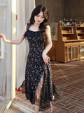 Uniwim Sexy Elegant Floral Fairy Strap Dress Women Lace Design Korean Slim Party Dress Female 2024 Autumn Black Causal Sweet Midi Dress