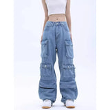 Uniwim Multi-Pocket Blue Washed Jeans Cargo Pants Y2k Retro Streetwear Fashion High Waist Jeans Couple Harajuku Casual Wide Leg Pants