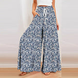 Spring Autumn Bamboo Cotton Fashion Fragmented Flowers Women's Long Skirt Wide Leg Pants 3D Printing Casual Floor Dragging Pants