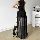 Uniwim Y2k Sexy Mesh Ruffle Irregular High Low Dress White Black Sleeveless Long Dresses Summer Y2K Clothes Women 2024