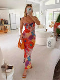 Uniwim Flower Print Slim Lace Spaghetti Strap Dresses Women Sexy Low Cut Backless Package Hip Bodycon Long Dress Lady Trendy Streetwear