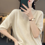 Uniwim 100% pure wool short sleeve summer new women's semi-high neck pullover blouse loose knit vest fashion T-shirt