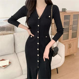 Uniwim Korean Chic Knitted Dresses for Women V-neck Long Sleeve Slim Bodycon Ruffles Party Dress Casual Autumn Winter New Vestidos