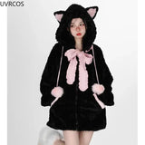 Autumn Winter Harajuku Y2k Thick Hoodies Women Kawaii Bow Cat Ear Hooded Coat Girls Gothic Casual Loose Sweatshirts Cute Clothes