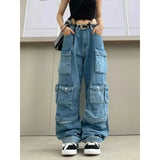 Uniwim Multi-Pocket Blue Washed Jeans Cargo Pants Y2k Retro Streetwear Fashion High Waist Jeans Couple Harajuku Casual Wide Leg Pants