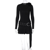 Uniwim Floral Pattern Belt Ring Long Sleeve O Neck Pleated Women'S Dresses Elegant Y2K Winter Wholesale Korean Clothing