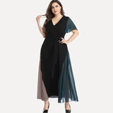 Uniwim Plus Size V-neck Summer Elegant Chiffon Party Dress Women Short Sleeve Maxi Casual Dress Sash Waist Fit Flare Evening Dress 6XL