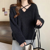 Uniwim V-neck Sweaters 2024 Autumn Winter Retro Knitted Jumper Tops Y2K Harajuku Casual Women Basic Loose Pullover Korean Style