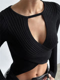 Tossy Knit Sweater Pullover For Women V-Neck Ribbed Long Sleeve Patchwork Hollow Out Cropped Top Slim Elegant Solid Knitwear Top