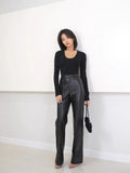 Black PU Women's Pants Fashion Loose High Waisted Wide Leg Pants Women Solid Suit Floor Length Autumn and Winter Women's Pants