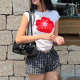 Uniwim Sexy Summer Crop Tops Aesthetic Flowers Graphic Baby Tee Goth Harajuku Y2k Style Short Sleeve Camis Vintage Woman 2000s T-shirts