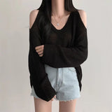 Autumn Winter Casual Fashion Hollow Out Bottoming Sweater Ladiesoff the Shoulder Knitting Top Women Sexy Loose V-neck Jumpers