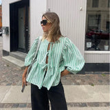 Uniwim Striped Bow Women Shirt Fashion Long Sleeve Lace Up O-neck Loose Shirts 2024 Spring Summer Casual Hollow Out Lady Outwear