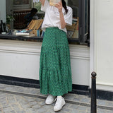 2024 New Arrival Summer Korean Style Women Loose Casual Print A-line Mid-calf Skirt Green Chiffon Patchwork Skirts V290