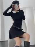 Uniwim Korean Fashion Knitted Short Dresses for Women Autumn New Patchwork Long Sleeve Pleated A-line Y2K Sexy Party Dress with Belt