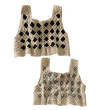 Uniwim Women Crochet Sleeveless Sweater Vest Knit Vintage Rhombus Diamond Plaid Crop Top Cardigan Button Down Waistcoat Jacket