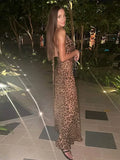 Uniwim Sexy Leopard Print Halter V Neck Maxi Dress Women Elegant Off Shoulder Sleeveless Slim Dresses Lady Evening Banquet Party Robes