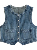 Uniwim Retro Denim Vest Jacket for Women Spring Niche Style High-street Sense Versatile O-neck Vest Female