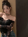 Uniwim Korean Style Off Shoulder T Shirts Women Aesthetic Butterfly Cropped Mesh Tops Sexy Coquette Y2k Kpop Long Sleeve Tees