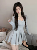 Uniwim Korean Fashion Autumn Short Dresses for Women Square Collar Long Sleeve Slim Lace Ruffles A-line Party Dress Sexy Vestidos New